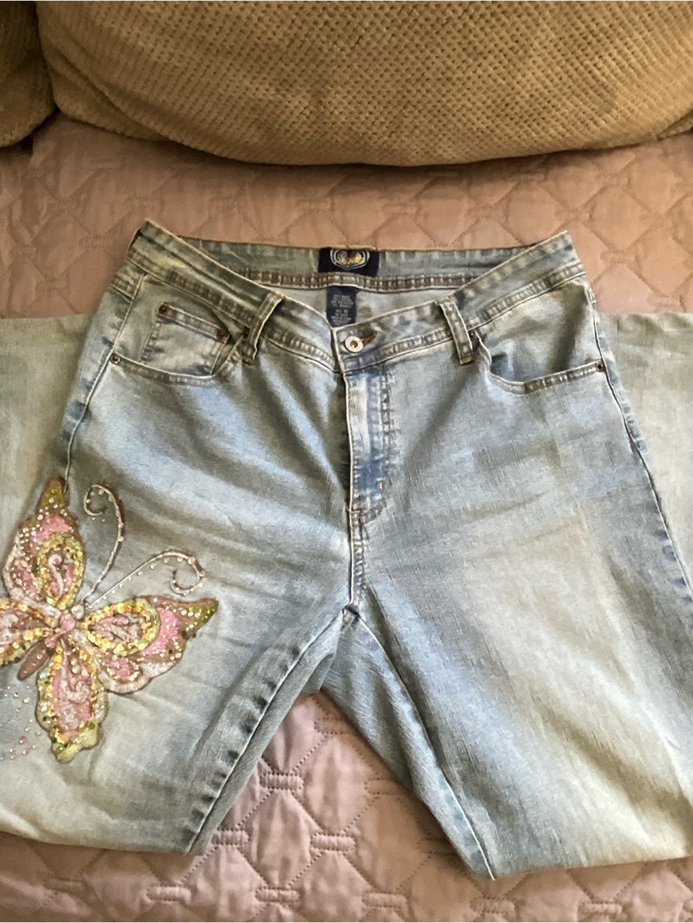 Angels Light Blue Boot Cut Jeans with Pink & Yellow Embroidered Butterfly - Picture 1 of 10